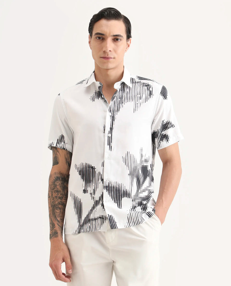 Rare Rabbit Men's Glos White Cotton Blend Fabric Half Sleeve Spread Collar Regular Fit Abstract Print Shirt