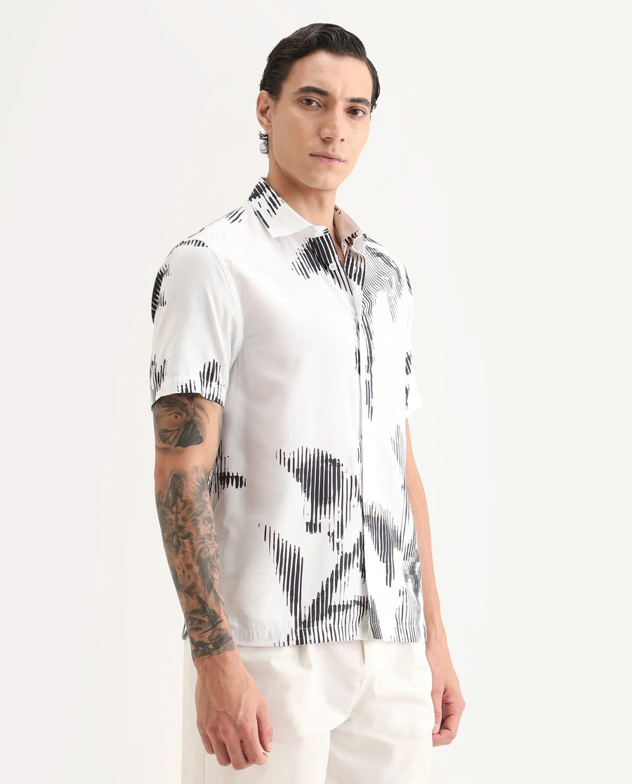 Rare Rabbit Men's Glos White Cotton Blend Fabric Half Sleeve Spread Collar Regular Fit Abstract Print Shirt