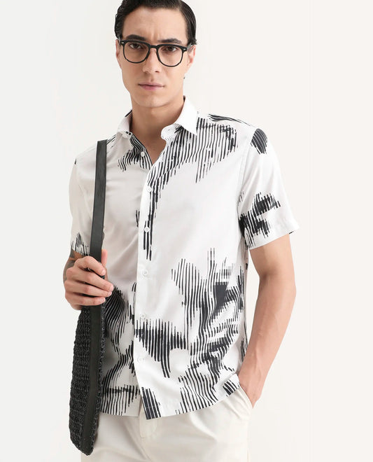 Rare Rabbit Men's Glos White Cotton Blend Fabric Half Sleeve Spread Collar Regular Fit Abstract Print Shirt