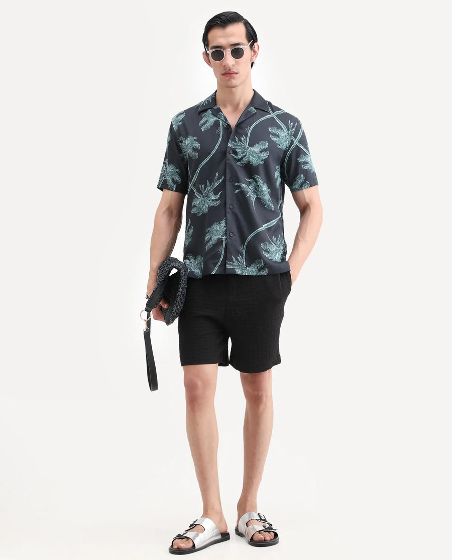 Rare Rabbit Men's Greko Black Cotton Blend Fabric Half Sleeve Cuban Collar Regular Fit Tropical Print Shirt