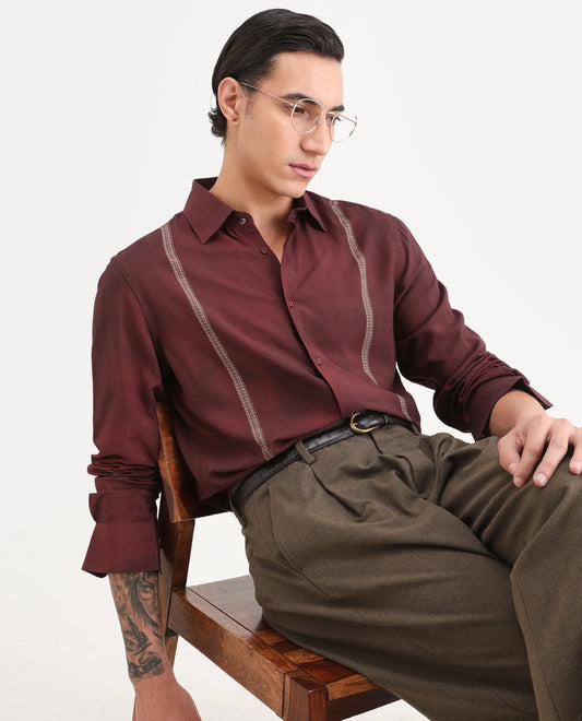 Rare Rabbit Men's Iqra Dusky Red Viscose Fabric Full Sleeve Spread Collar Regular Fit Striped Shirt