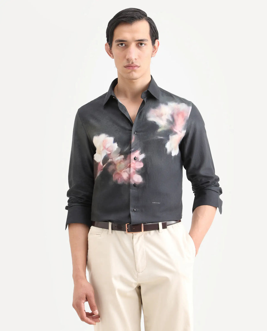 Rare Rabbit Men's Jelks Black Cotton Blend Fabric Full Sleeve Spread Collar Regular Fit Floral Print Shirt