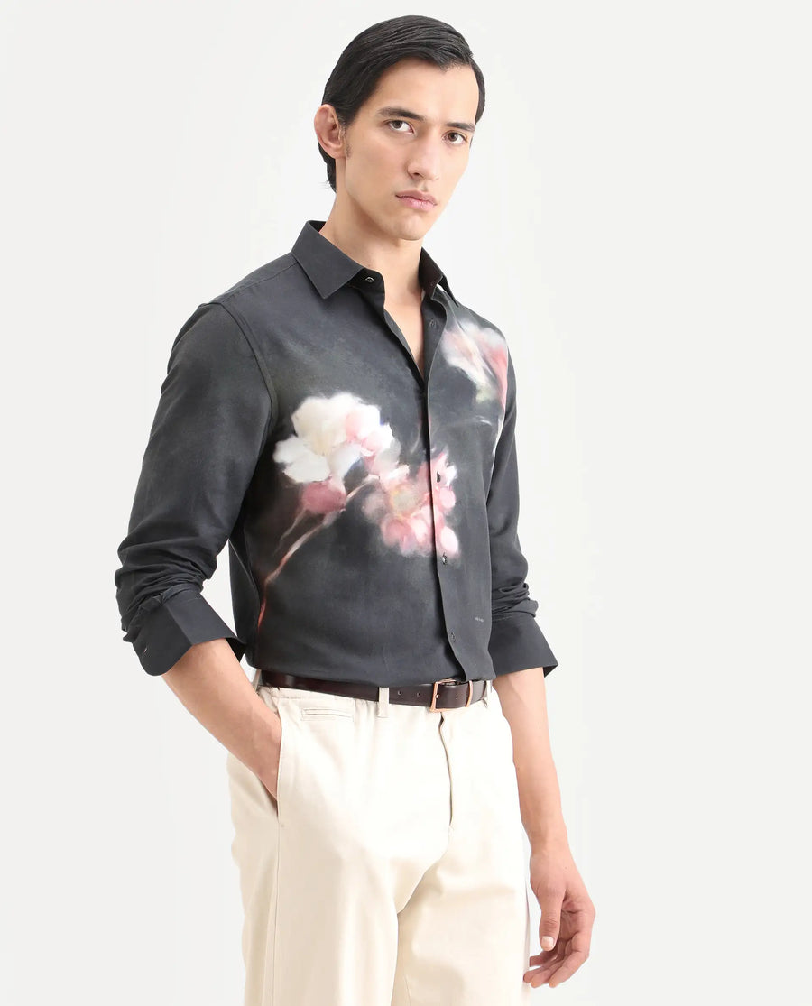 Rare Rabbit Men's Jelks Black Cotton Blend Fabric Full Sleeve Spread Collar Regular Fit Floral Print Shirt