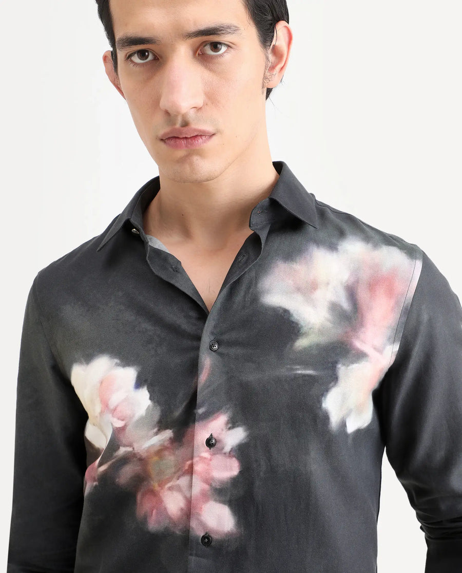 Rare Rabbit Men's Jelks Black Cotton Blend Fabric Full Sleeve Spread Collar Regular Fit Floral Print Shirt