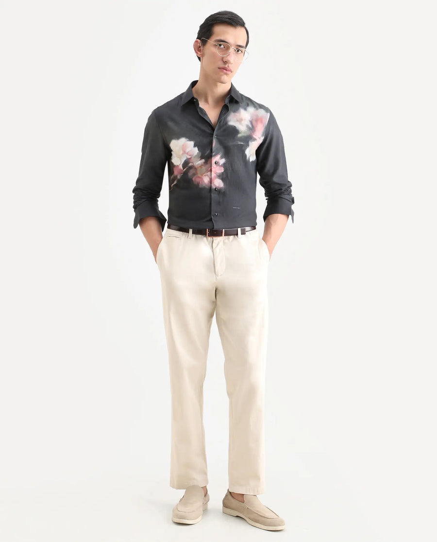 Rare Rabbit Men's Jelks Black Cotton Blend Fabric Full Sleeve Spread Collar Regular Fit Floral Print Shirt