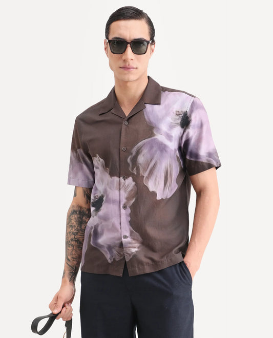 Rare Rabbit Men's Jena Dusky Brown Cotton Blend Blend Fabric Half Sleeve Cuban Collar Regular Fit Floral Print Shirt