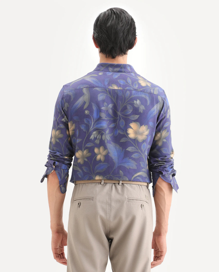 Rare Rabbit Men's Jolo Dusky Purple Viscose Fabric Full Sleeve Spread Collar Regular Fit Floral Print Shirt