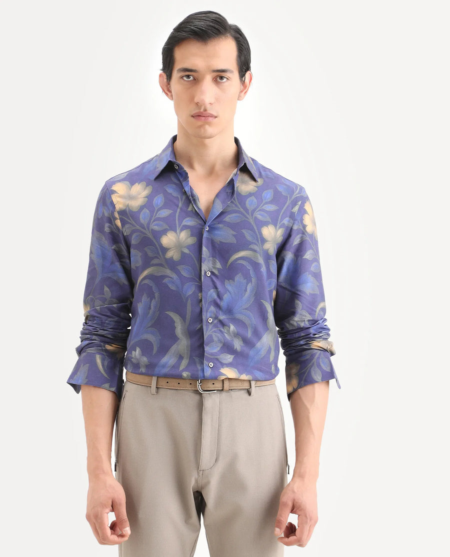 Rare Rabbit Men's Jolo Dusky Purple Viscose Fabric Full Sleeve Spread Collar Regular Fit Floral Print Shirt