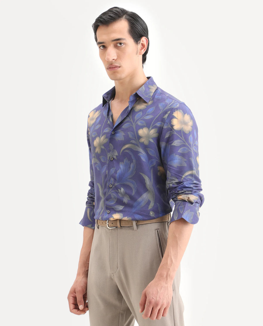 Rare Rabbit Men's Jolo Dusky Purple Viscose Fabric Full Sleeve Spread Collar Regular Fit Floral Print Shirt