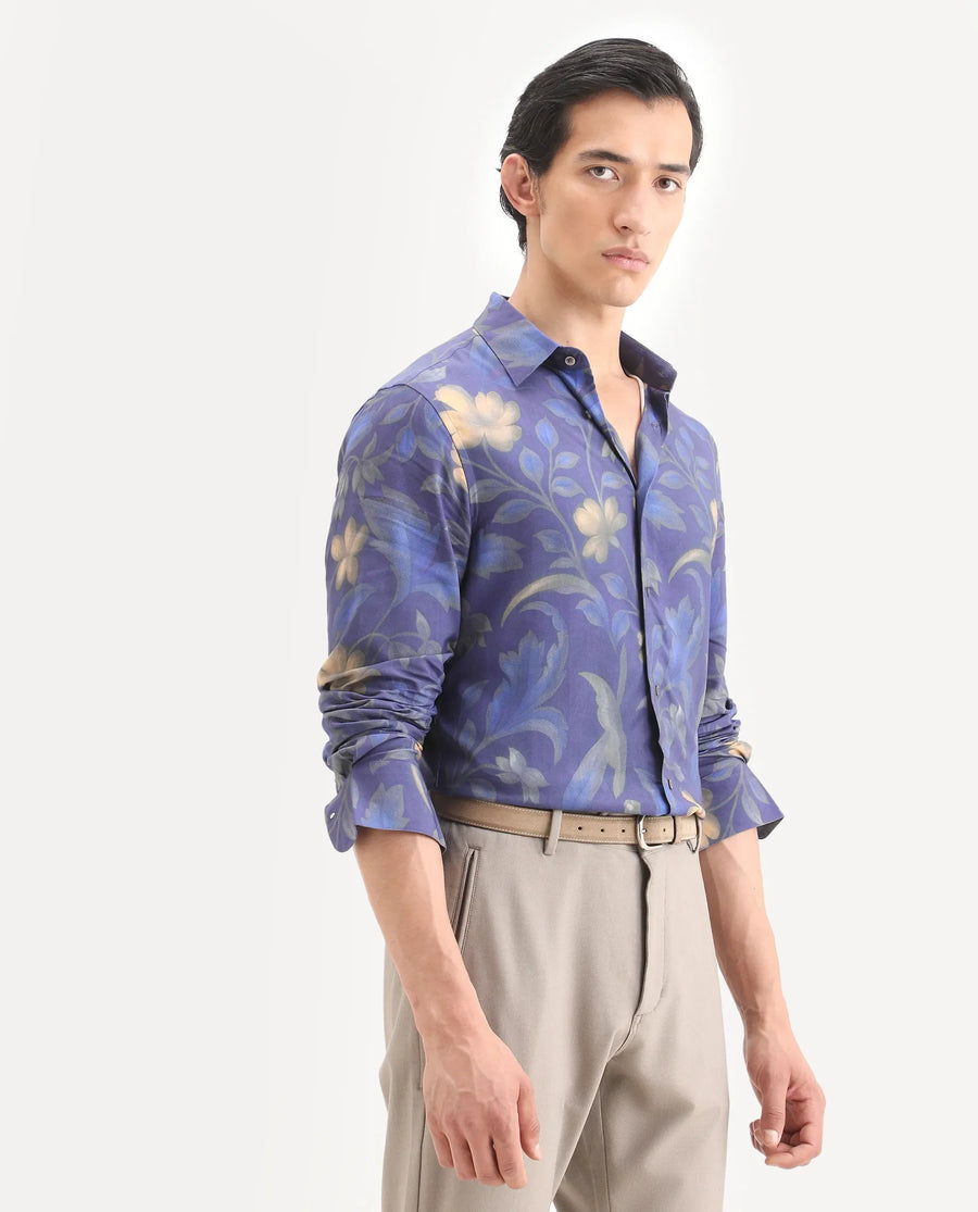 Rare Rabbit Men's Jolo Dusky Purple Viscose Fabric Full Sleeve Spread Collar Regular Fit Floral Print Shirt