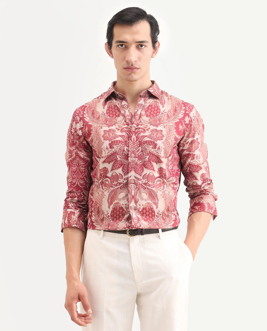 Rare Rabbit Men's Korp Red Cotton Blend Blend Fabric Full Sleeve Spread Collar Regular Fit Paisley Print Shirt