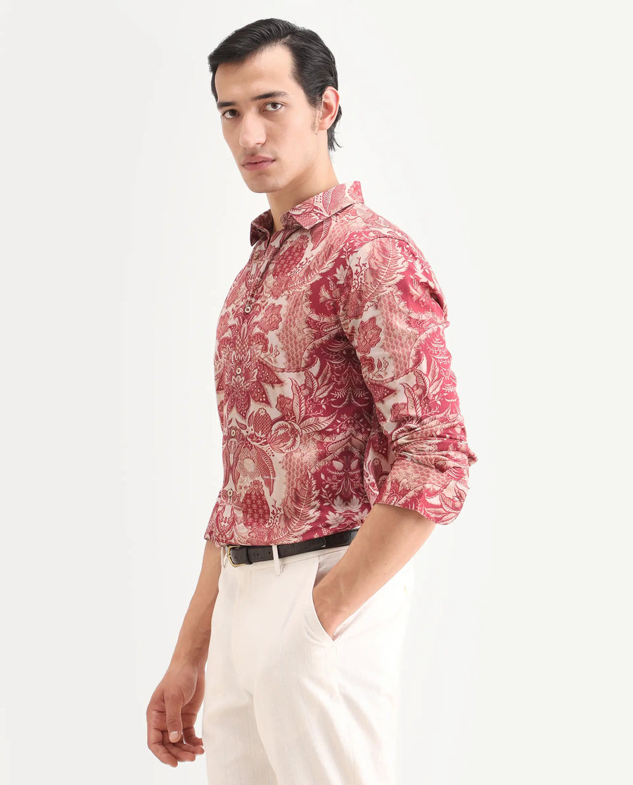 Rare Rabbit Men's Korp Red Cotton Blend Blend Fabric Full Sleeve Spread Collar Regular Fit Paisley Print Shirt