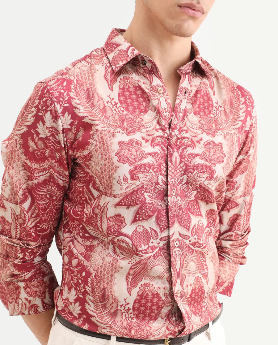 Rare Rabbit Men's Korp Red Cotton Blend Blend Fabric Full Sleeve Spread Collar Regular Fit Paisley Print Shirt