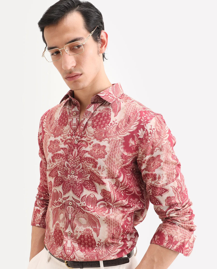 Rare Rabbit Men's Korp Red Cotton Blend Blend Fabric Full Sleeve Spread Collar Regular Fit Paisley Print Shirt