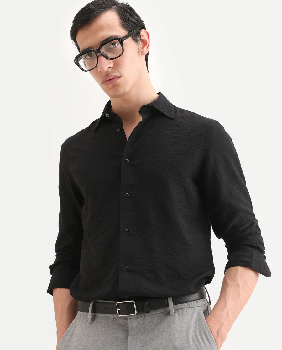 Rare Rabbit Men's Ciera Black Viscose Blend Fabric Full Sleeve Spread Collar Regular Fit Jacquard Shirt