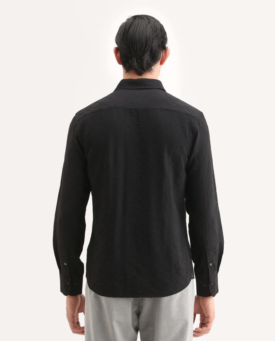 Rare Rabbit Men's Ciera Black Viscose Blend Fabric Full Sleeve Spread Collar Regular Fit Jacquard Shirt