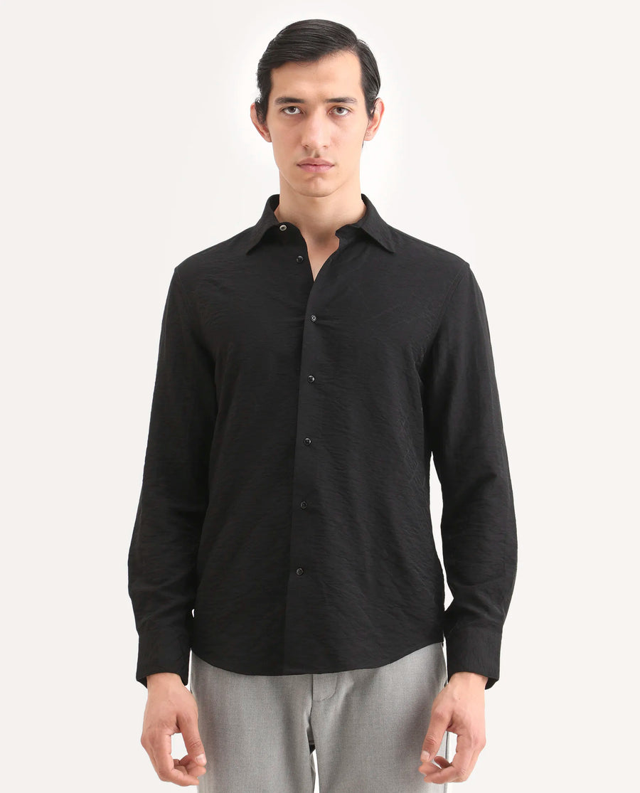 Rare Rabbit Men's Ciera Black Viscose Blend Fabric Full Sleeve Spread Collar Regular Fit Jacquard Shirt