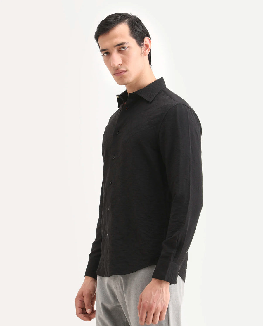 Rare Rabbit Men's Ciera Black Viscose Blend Fabric Full Sleeve Spread Collar Regular Fit Jacquard Shirt