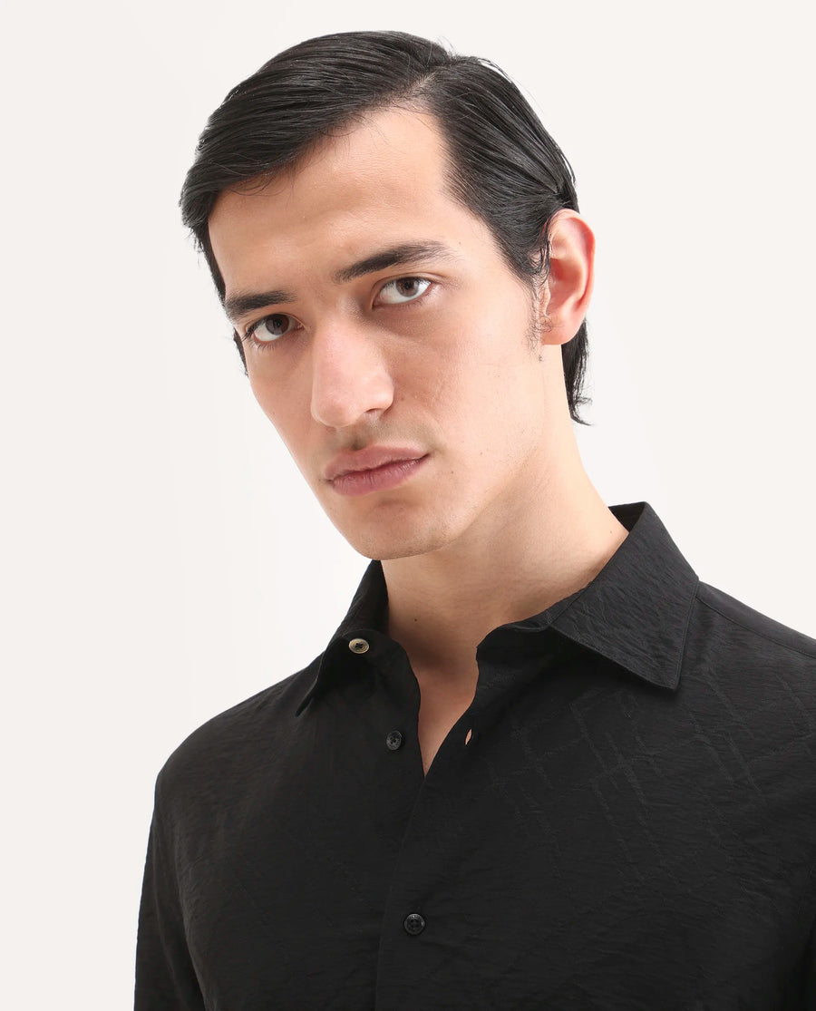Rare Rabbit Men's Ciera Black Viscose Blend Fabric Full Sleeve Spread Collar Regular Fit Jacquard Shirt