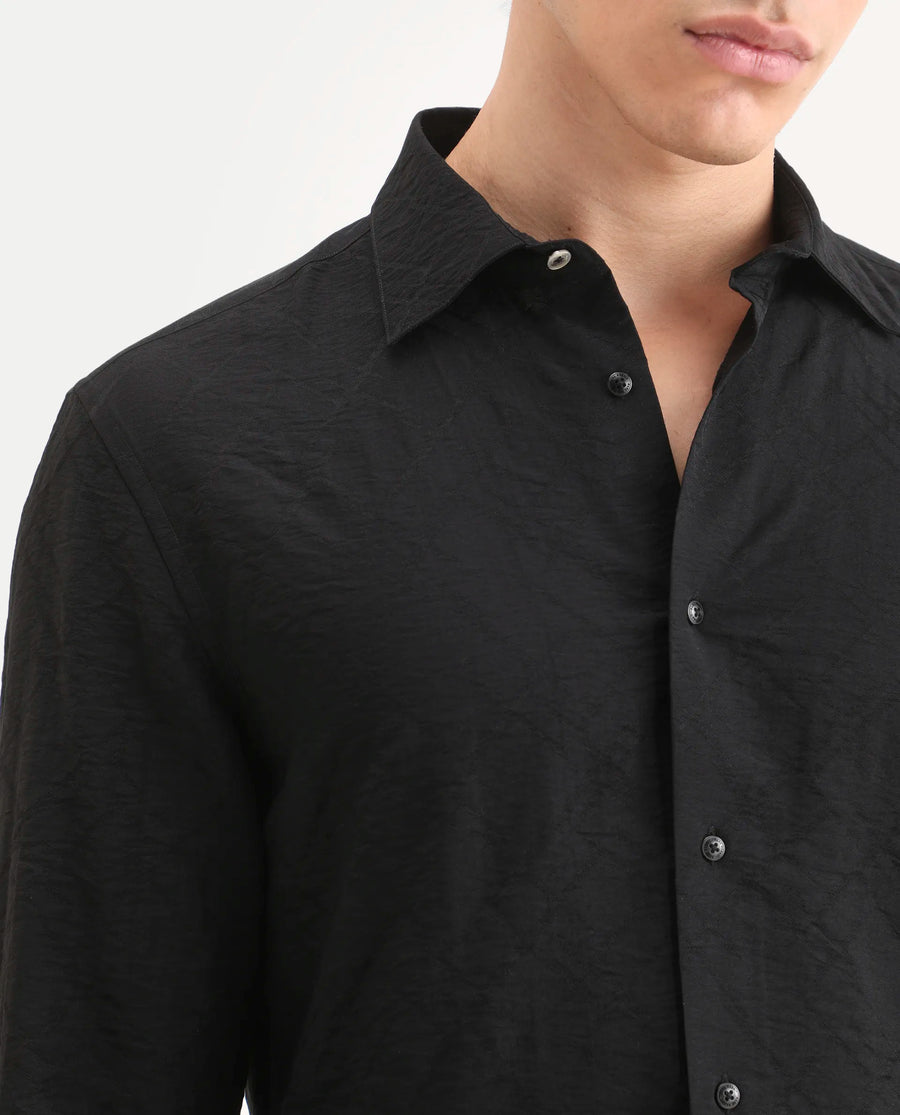 Rare Rabbit Men's Ciera Black Viscose Blend Fabric Full Sleeve Spread Collar Regular Fit Jacquard Shirt