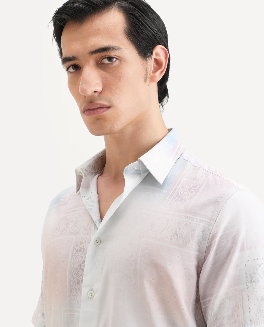 Rare Rabbit Men's Kyra White Cotton Blend Fabric Half Sleeve Spread Collar Regular Fit Paisley Print Shirt