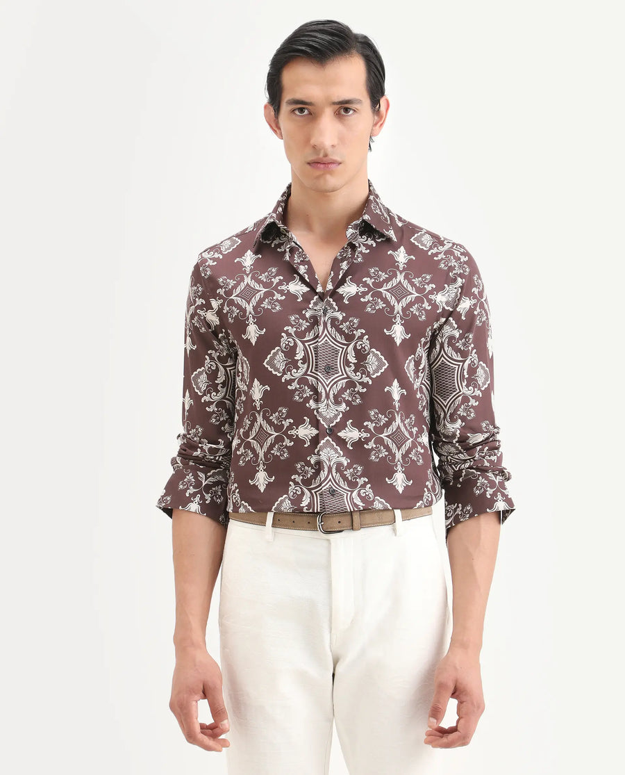 Rare Rabbit Men's Lagos Brown Cotton Blend Fabric Full Sleeve Regular Fit Ornate Print Shirt