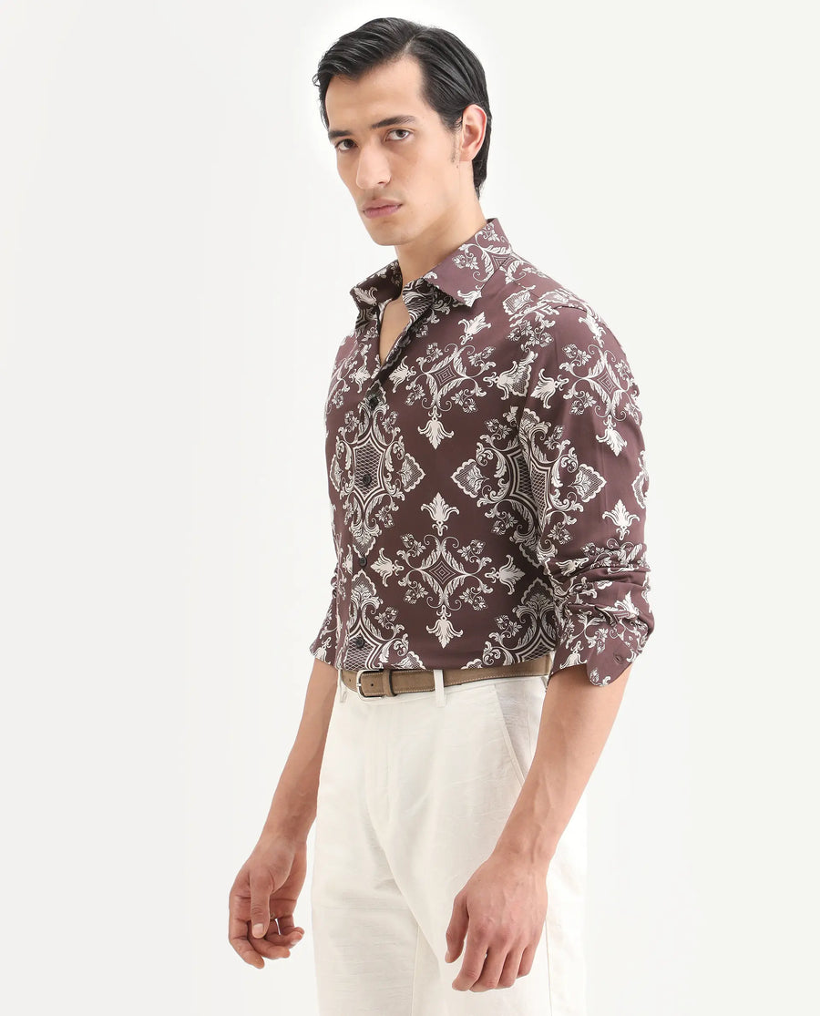 Rare Rabbit Men's Lagos Brown Cotton Blend Fabric Full Sleeve Regular Fit Ornate Print Shirt