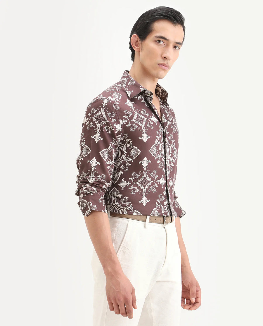 Rare Rabbit Men's Lagos Brown Cotton Blend Fabric Full Sleeve Regular Fit Ornate Print Shirt