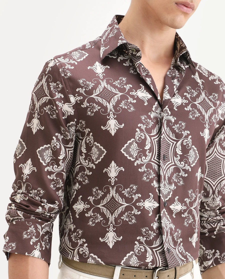 Rare Rabbit Men's Lagos Brown Cotton Blend Fabric Full Sleeve Regular Fit Ornate Print Shirt