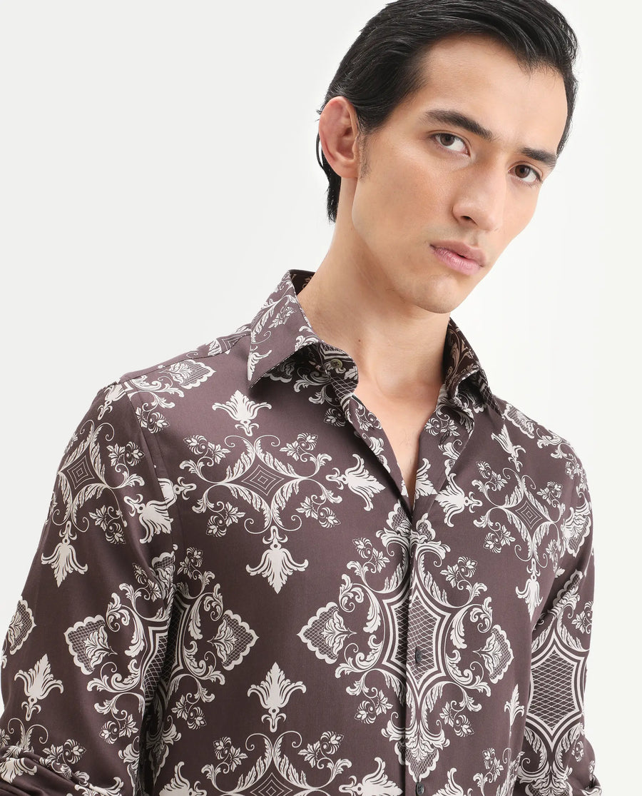 Rare Rabbit Men's Lagos Brown Cotton Blend Fabric Full Sleeve Regular Fit Ornate Print Shirt
