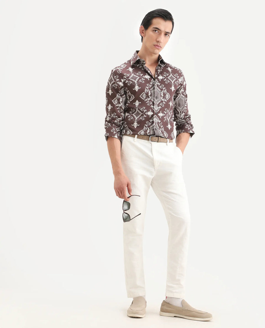 Rare Rabbit Men's Lagos Brown Cotton Blend Fabric Full Sleeve Regular Fit Ornate Print Shirt