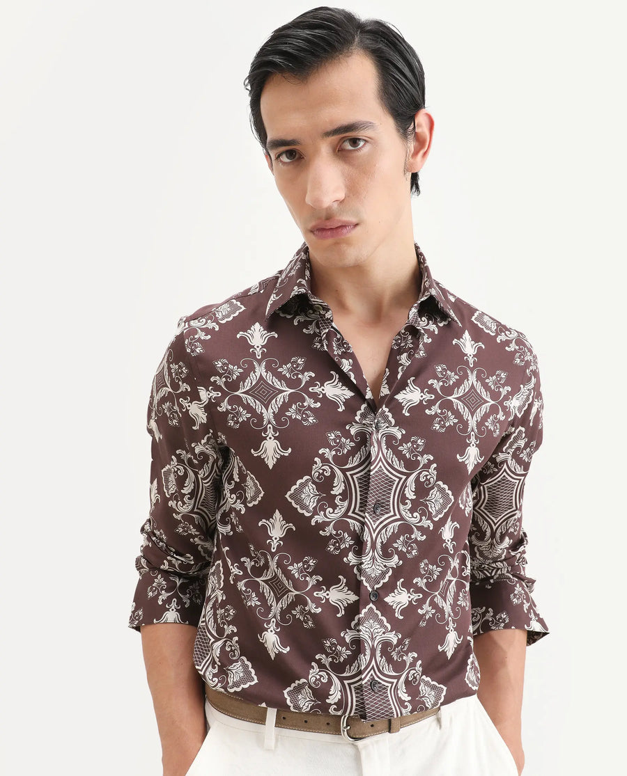 Rare Rabbit Men's Lagos Brown Cotton Blend Fabric Full Sleeve Regular Fit Ornate Print Shirt