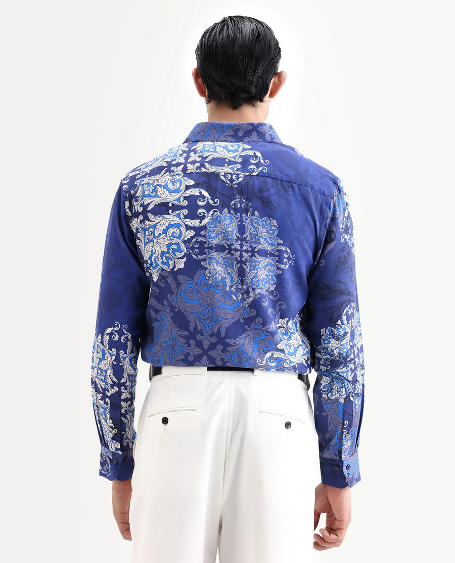 Rare Rabbit Men's Lagos Blue Cotton Blend Fabric Full Sleeve Regular Fit Ornate Print Shirt