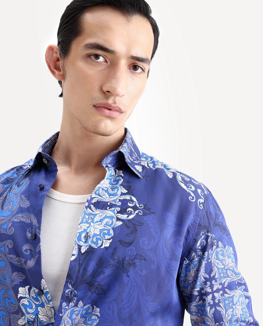 Rare Rabbit Men's Lagos Blue Cotton Blend Fabric Full Sleeve Regular Fit Ornate Print Shirt