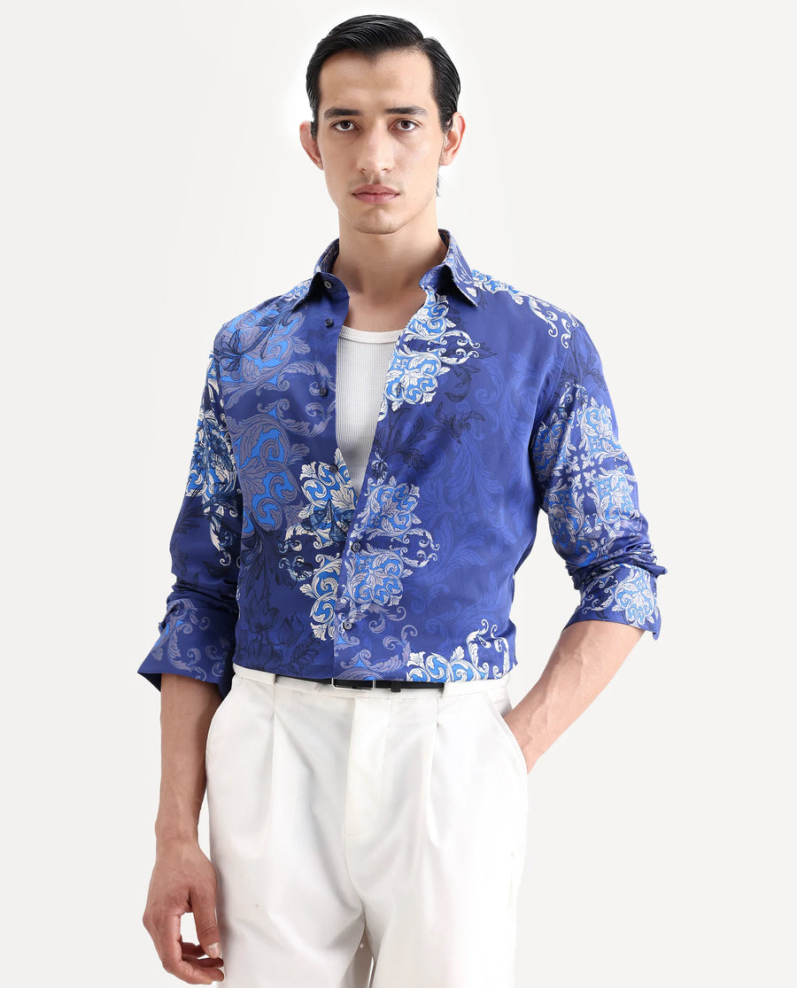 Rare Rabbit Men's Lagos Blue Cotton Blend Fabric Full Sleeve Regular Fit Ornate Print Shirt