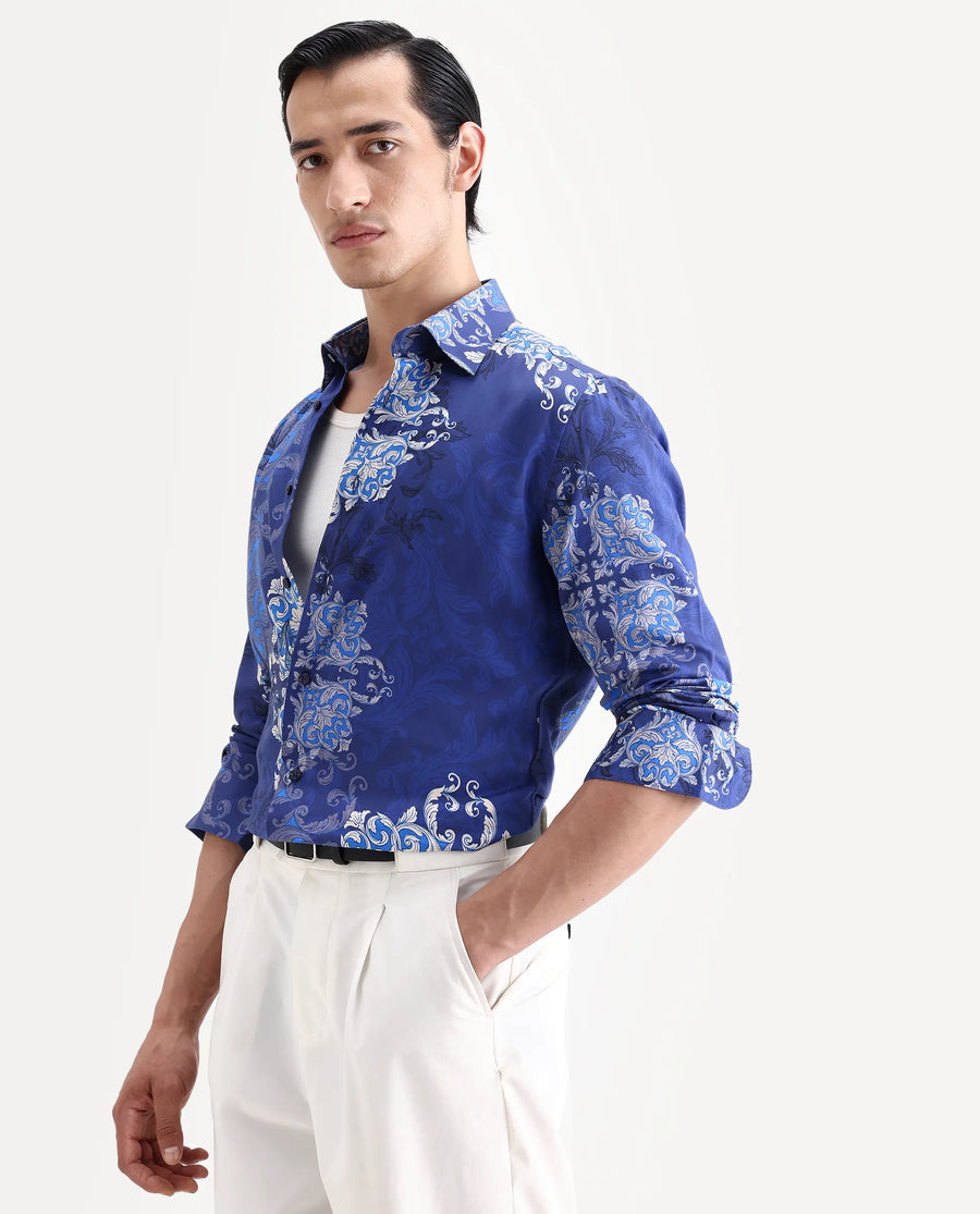 Rare Rabbit Men's Lagos Blue Cotton Blend Fabric Full Sleeve Regular Fit Ornate Print Shirt