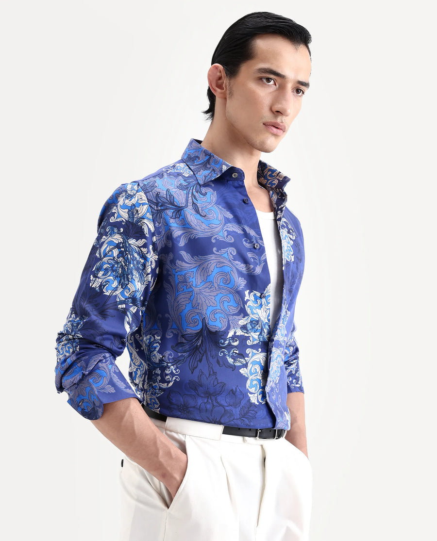 Rare Rabbit Men's Lagos Blue Cotton Blend Fabric Full Sleeve Regular Fit Ornate Print Shirt