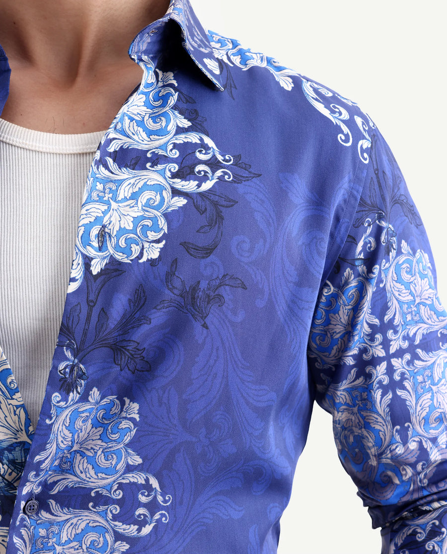 Rare Rabbit Men's Lagos Blue Cotton Blend Fabric Full Sleeve Regular Fit Ornate Print Shirt