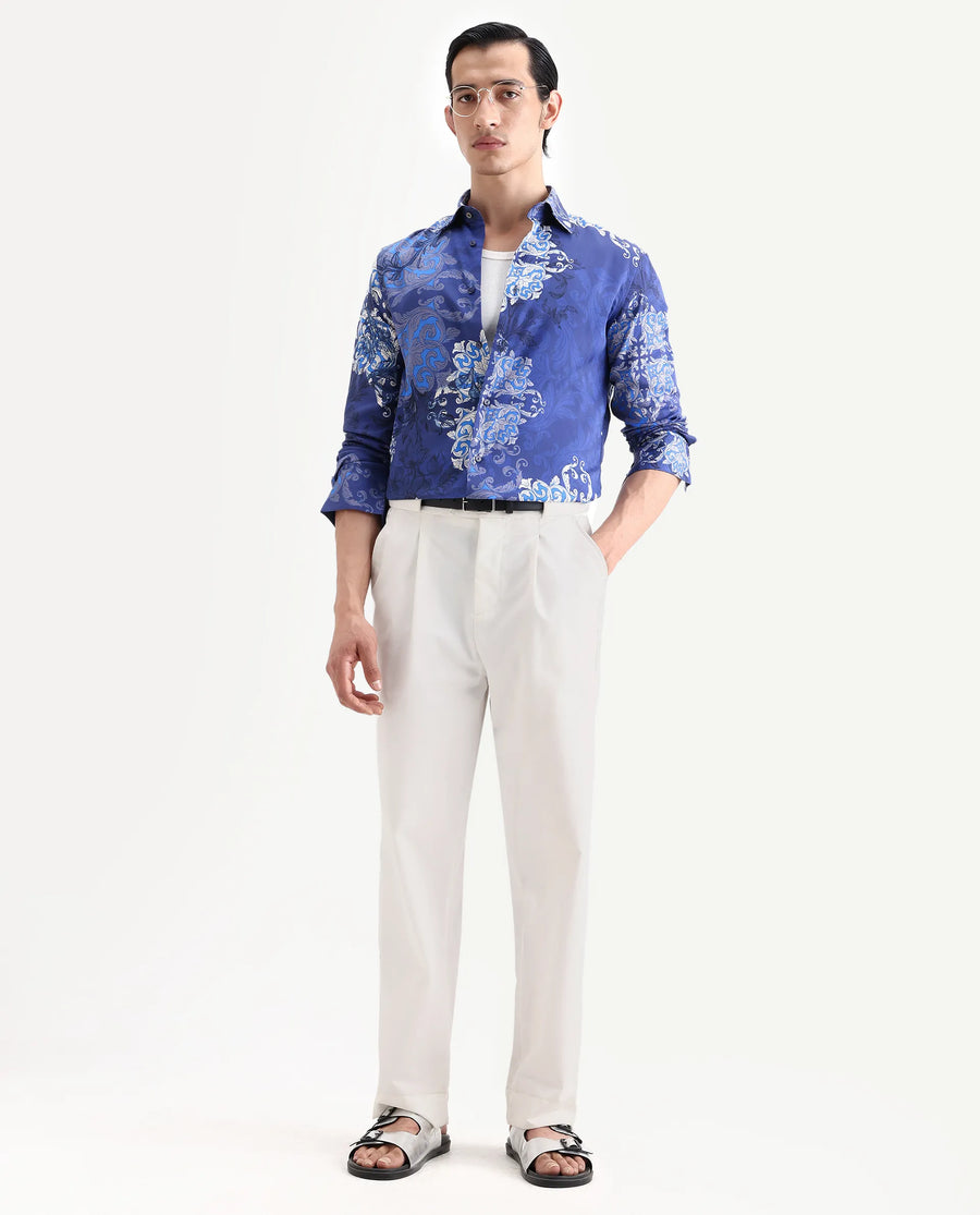 Rare Rabbit Men's Lagos Blue Cotton Blend Fabric Full Sleeve Regular Fit Ornate Print Shirt