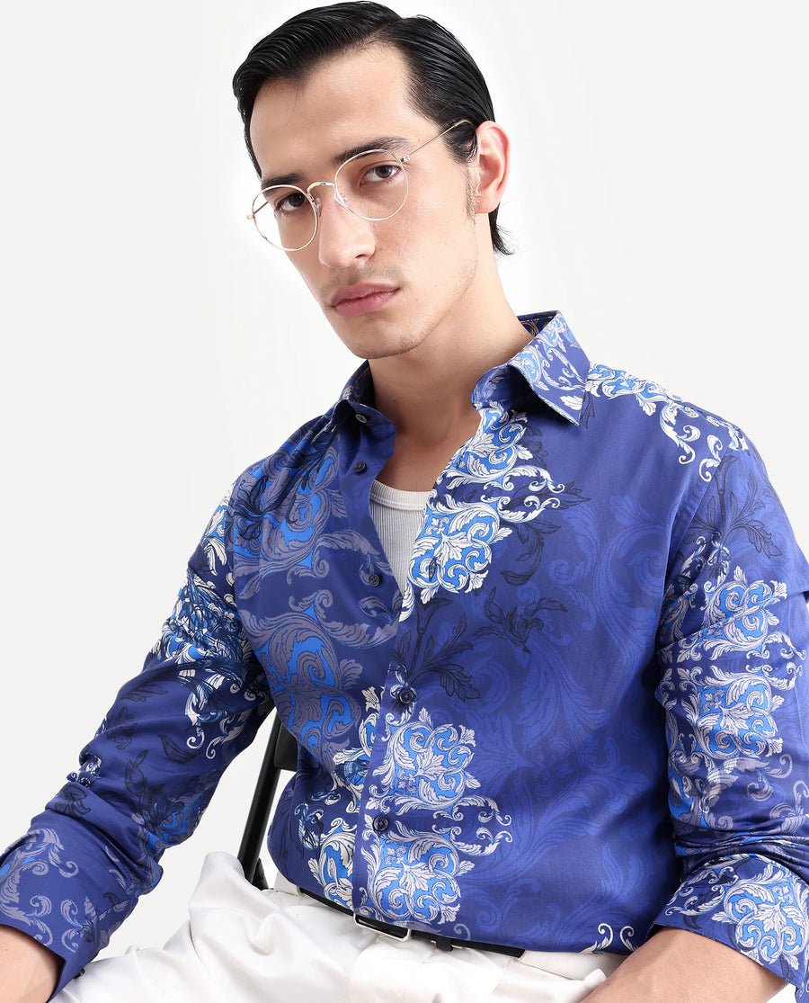 Rare Rabbit Men's Lagos Blue Cotton Blend Fabric Full Sleeve Regular Fit Ornate Print Shirt