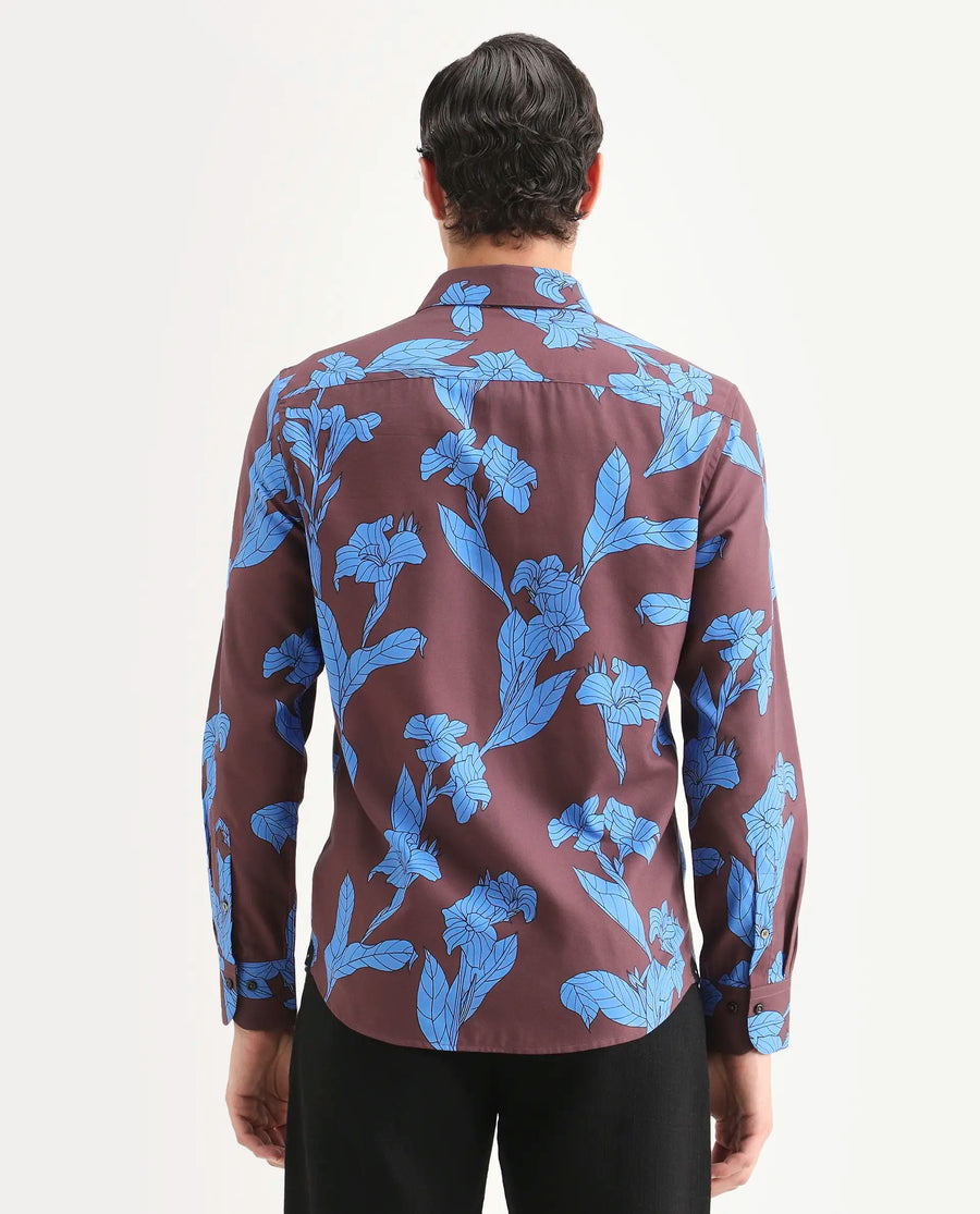 Rare Rabbit Men's Laxo Dusky Brown Cotton Blend Fabric Full Sleeve Spread Collar Regular Fit Floral Print Shirt