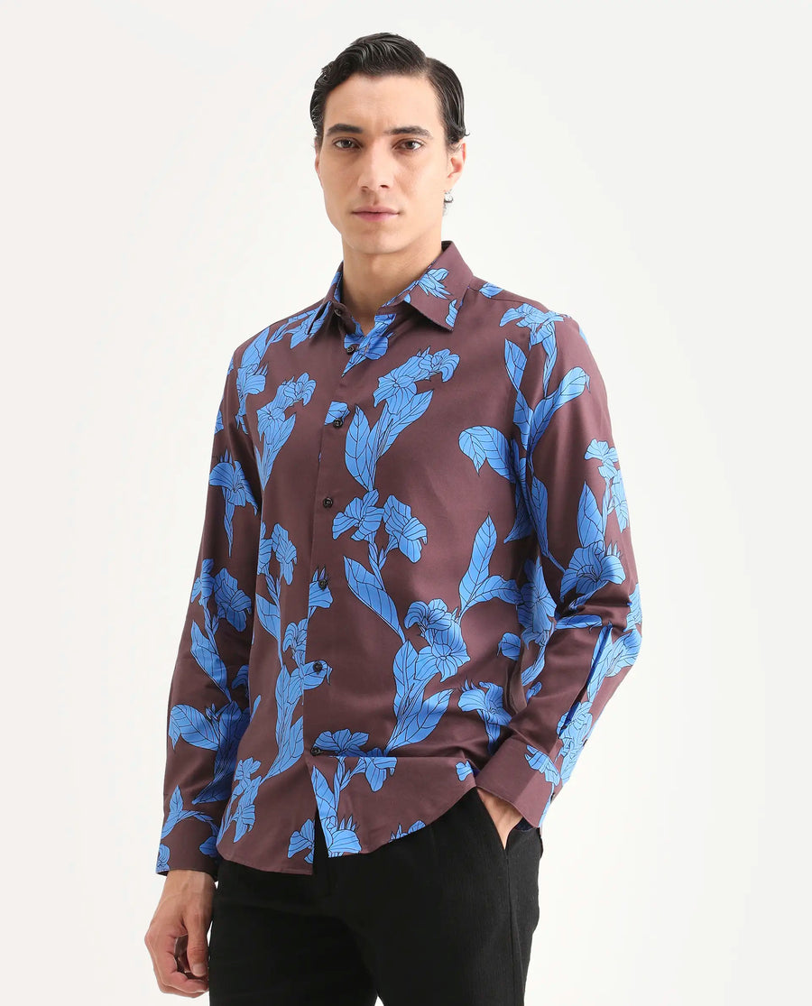 Rare Rabbit Men's Laxo Dusky Brown Cotton Blend Fabric Full Sleeve Spread Collar Regular Fit Floral Print Shirt