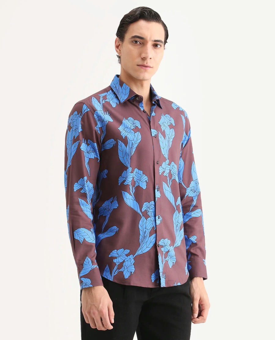 Rare Rabbit Men's Laxo Dusky Brown Cotton Blend Fabric Full Sleeve Spread Collar Regular Fit Floral Print Shirt