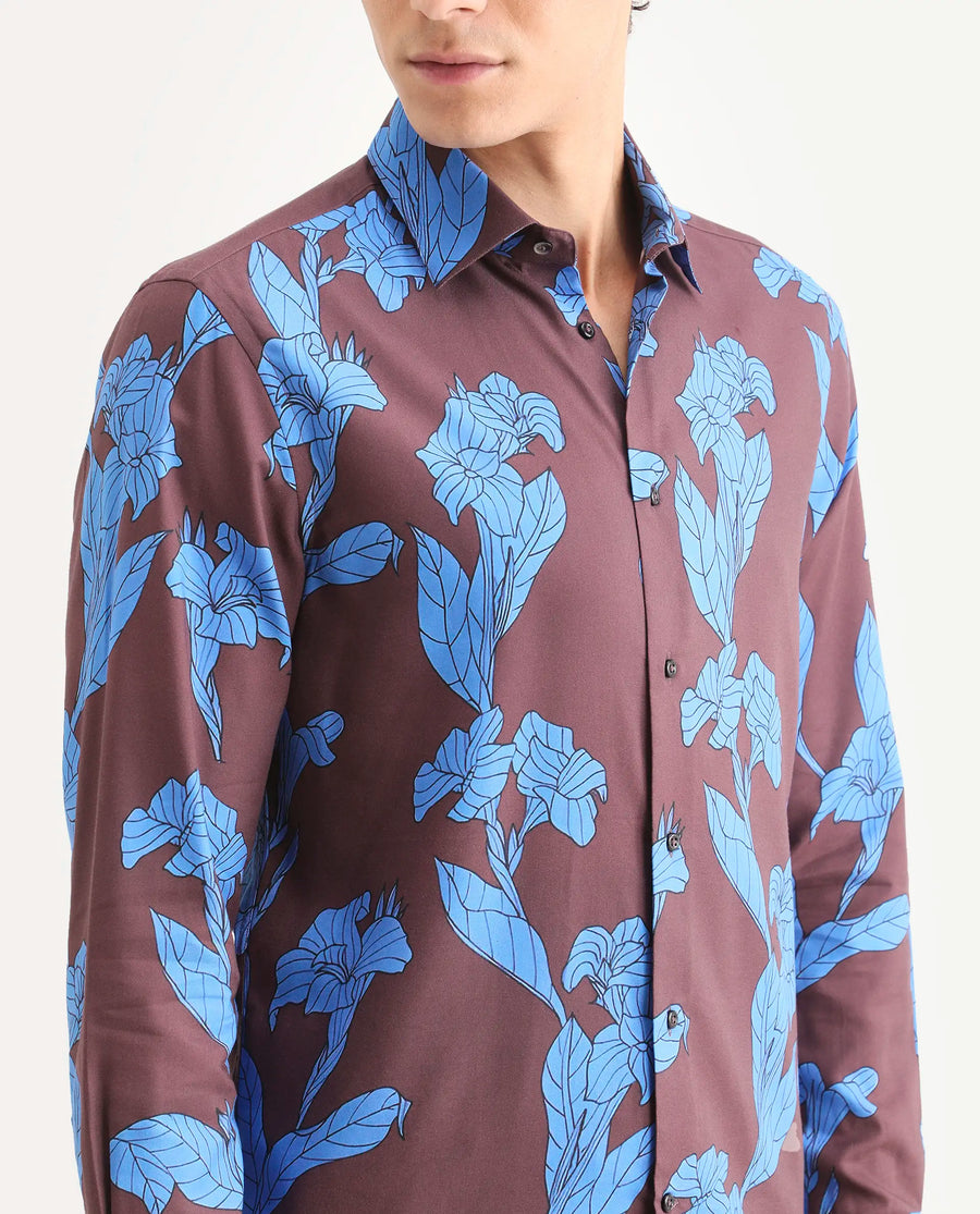 Rare Rabbit Men's Laxo Dusky Brown Cotton Blend Fabric Full Sleeve Spread Collar Regular Fit Floral Print Shirt