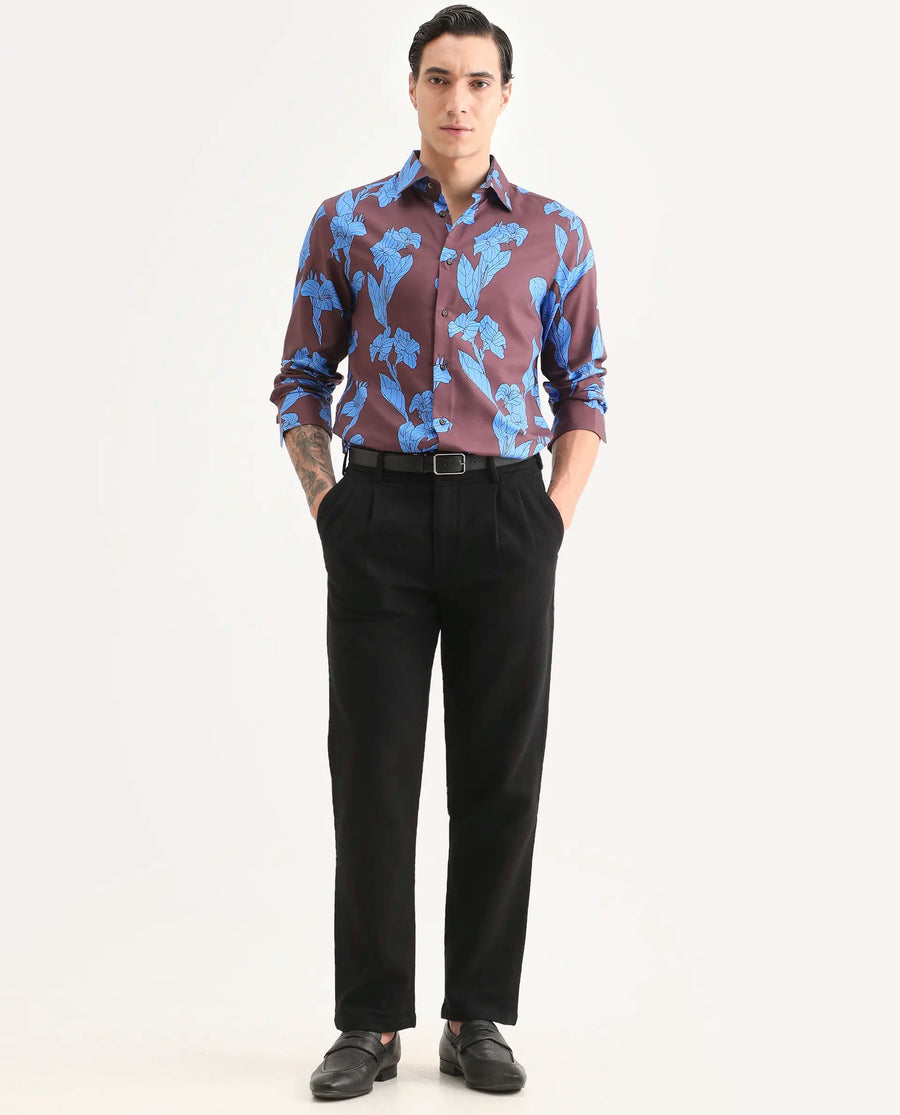 Rare Rabbit Men's Laxo Dusky Brown Cotton Blend Fabric Full Sleeve Spread Collar Regular Fit Floral Print Shirt