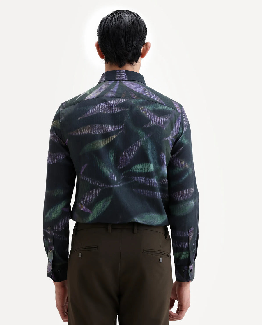 Rare Rabbit Men's Leafo Dusky Green Cotton Blend Blend Fabric Full Sleeve Regular Fit Abstract Print Shirt