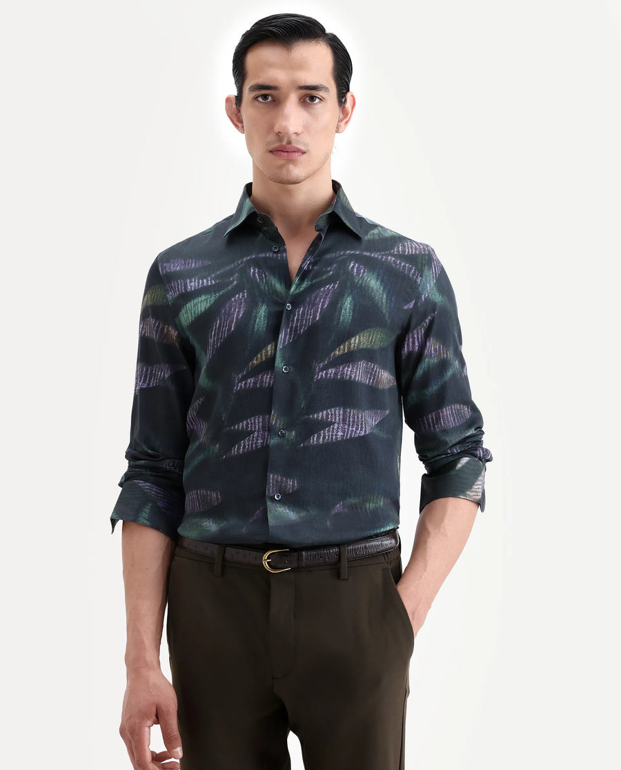 Rare Rabbit Men's Leafo Dusky Green Cotton Blend Blend Fabric Full Sleeve Regular Fit Abstract Print Shirt