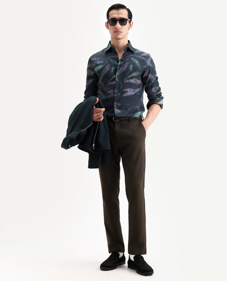 Rare Rabbit Men's Leafo Dusky Green Cotton Blend Blend Fabric Full Sleeve Regular Fit Abstract Print Shirt