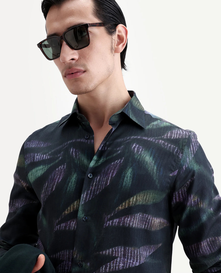 Rare Rabbit Men's Leafo Dusky Green Cotton Blend Blend Fabric Full Sleeve Regular Fit Abstract Print Shirt