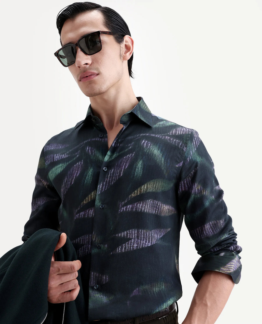 Rare Rabbit Men's Leafo Dusky Green Cotton Blend Blend Fabric Full Sleeve Regular Fit Abstract Print Shirt